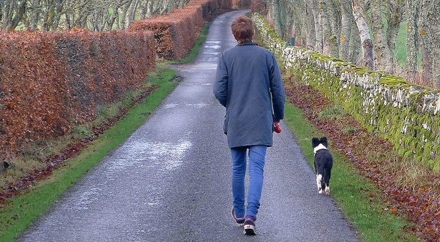 man walking dog