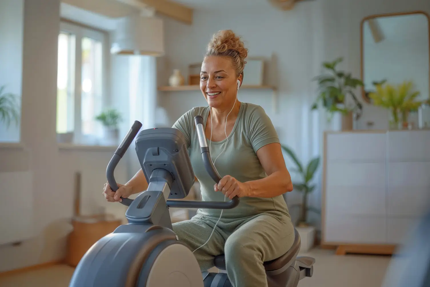 Women exercising on an exercise bike.