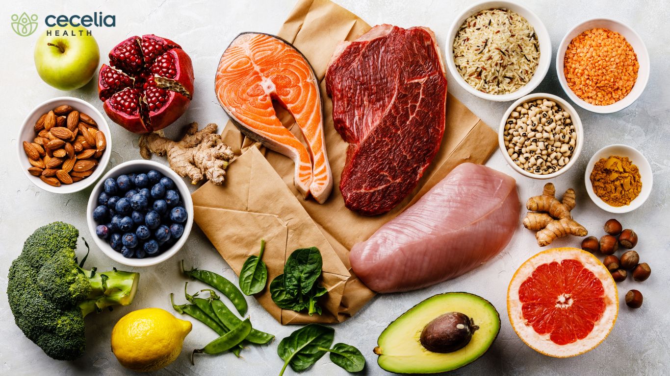 collection of healthy protein, fruits, and vegetables
