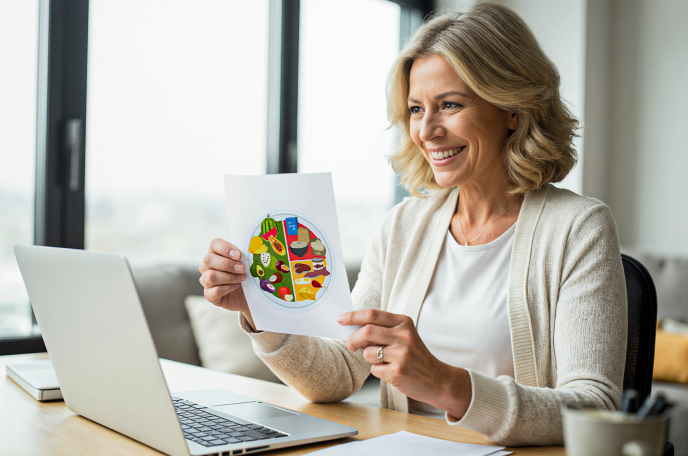 telehealth registered dietitian at computer with food groups document