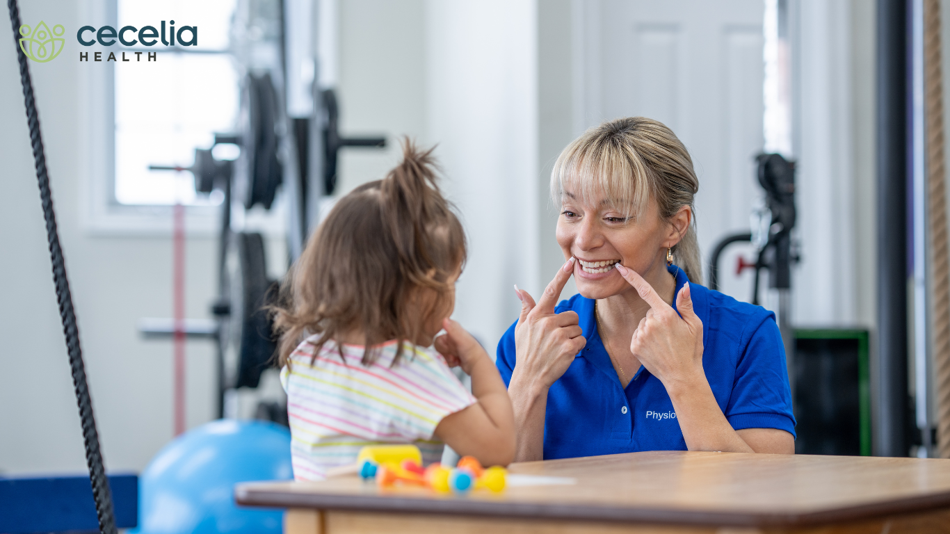 woman making silly faces with her child