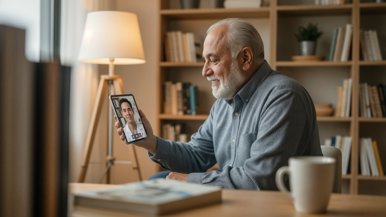 man in library telehealth visit