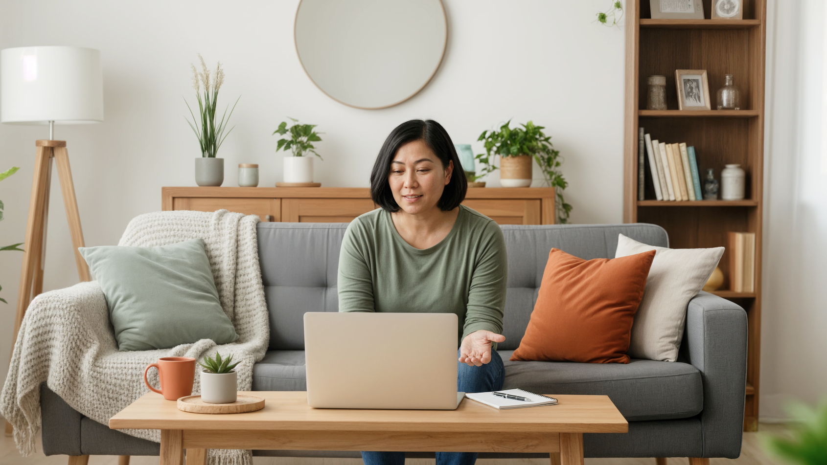 Woman sitting on couch telehealth visit