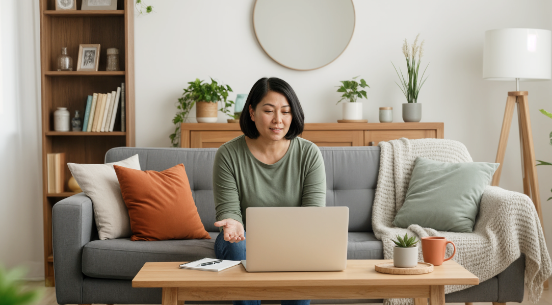 woman sitting on a couch looking at a laptop