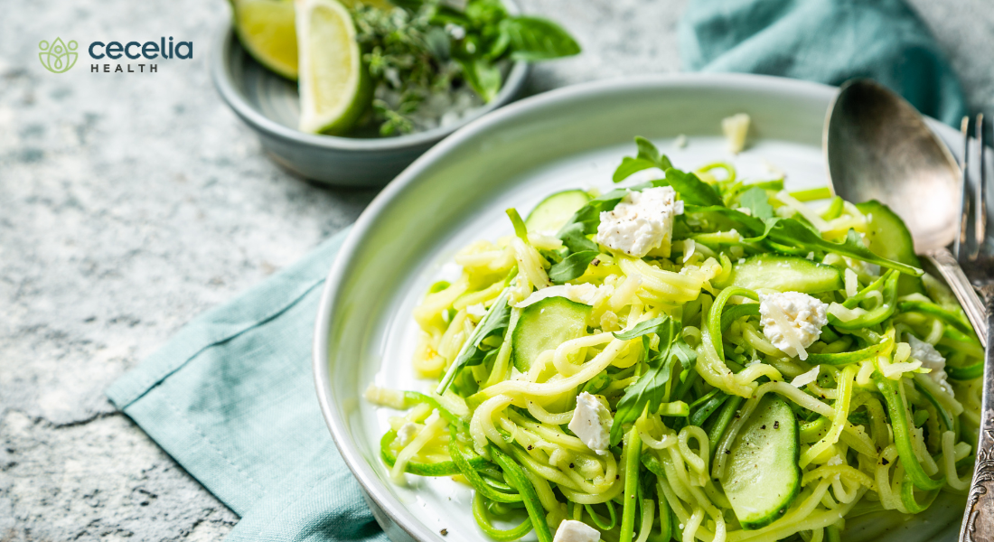 bowl of zucchini noodles with chicken