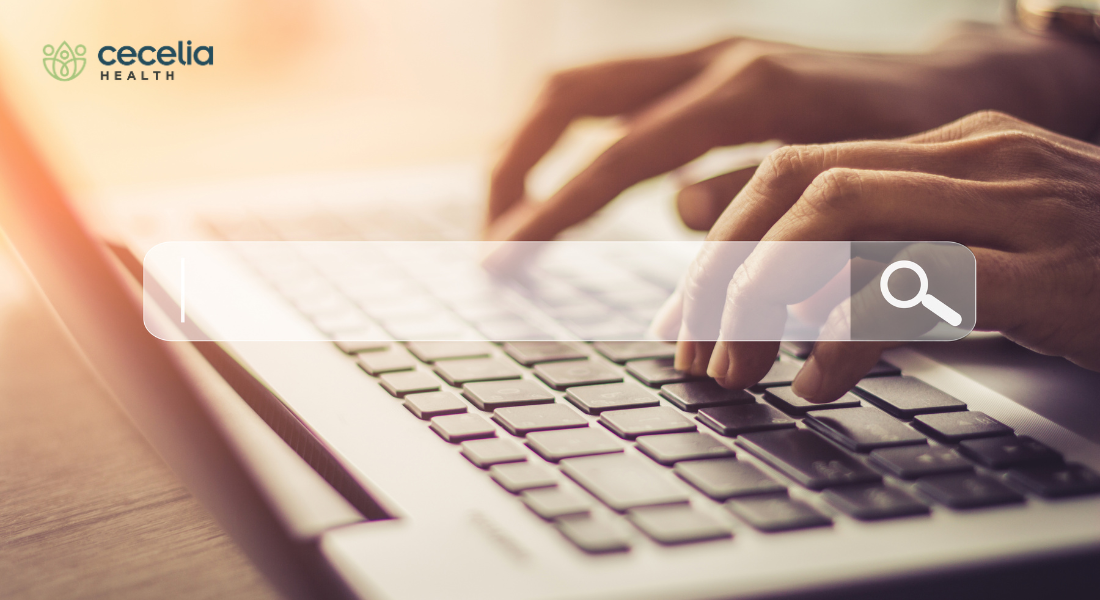 person typing on a laptop with search bar