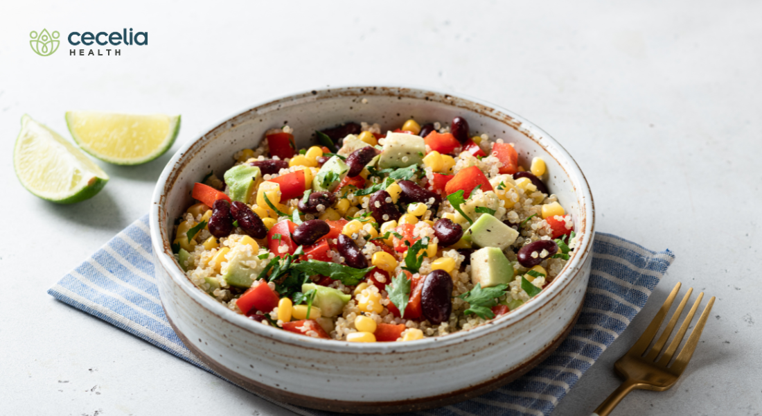 quinoa bowl with black beans avocados and veggies