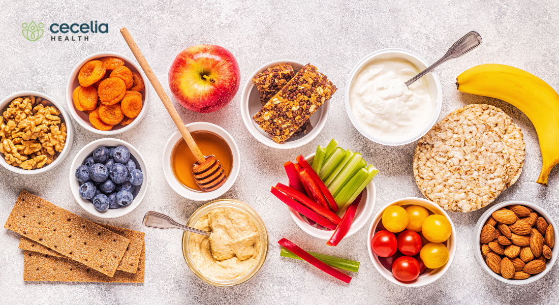 buffet of healthy snacks fruit nuts honey