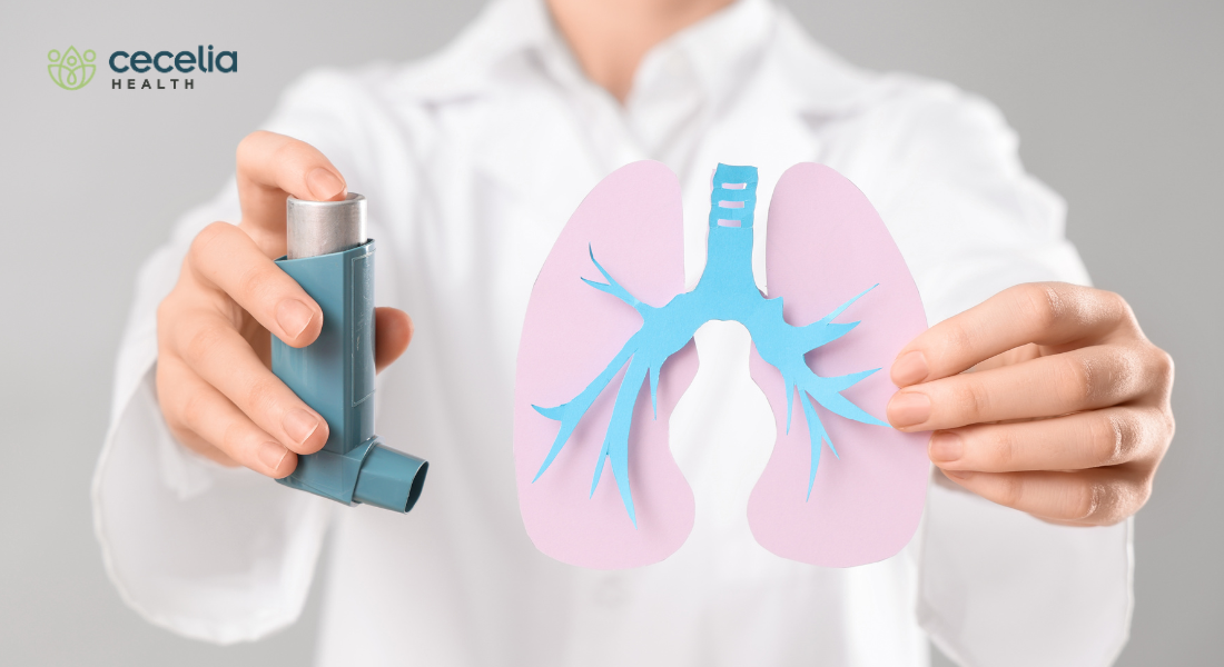 doctor holding inhaler and paper diagram of lungs
