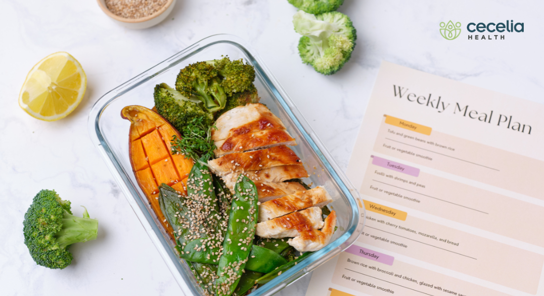 healthy meal sitting next to meal plan worksheet